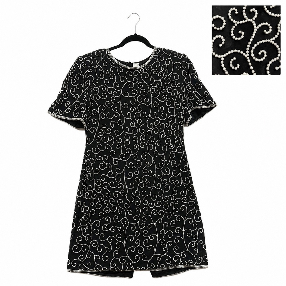 Vintage 90s Black Pearl Beaded Silk Shift Dress XL Glam Classic Cocktail LBD